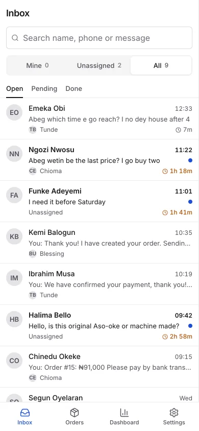The Counter inbox: customer chats with who each one is assigned to and how long they have waited, a conversation where every reply shows the staff member's name, and an order awaiting payment.