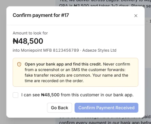 Confirm payment for order 17: amount to look for ₦48,500 into the shop's bank account, a warning never to confirm from a screenshot, and a tick box saying I can see ₦48,500 in our bank app.