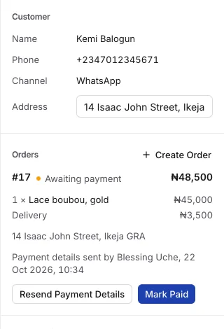 The order panel beside a chat: customer name, phone and address, an order of one lace boubou plus delivery for ₦48,500 awaiting payment, and Mark Paid.