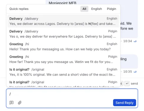 The quick replies list opened with a slash: Delivery, Greeting and Is it original, each in English and Pidgin.
