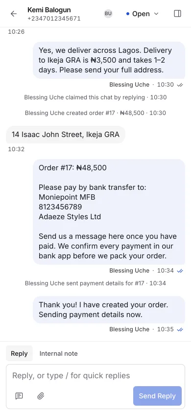 A chat on a phone: each reply shows the staff member's name and time, and the activity trail shows who claimed the chat and who created the order.